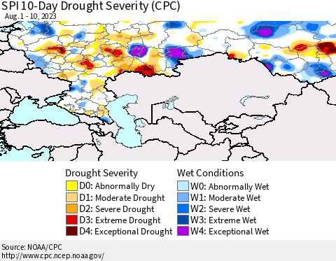 Russian Federation SPI 10-Day Drought Severity (CPC) Thematic Map For 8/1/2023 - 8/10/2023