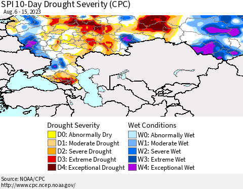 Russian Federation SPI 10-Day Drought Severity (CPC) Thematic Map For 8/6/2023 - 8/15/2023