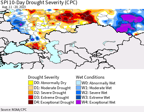 Russian Federation SPI 10-Day Drought Severity (CPC) Thematic Map For 8/11/2023 - 8/20/2023