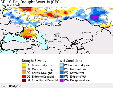 Russian Federation SPI 10-Day Drought Severity (CPC) Thematic Map For 8/16/2023 - 8/25/2023
