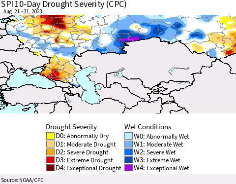 Russian Federation SPI 10-Day Drought Severity (CPC) Thematic Map For 8/21/2023 - 8/31/2023