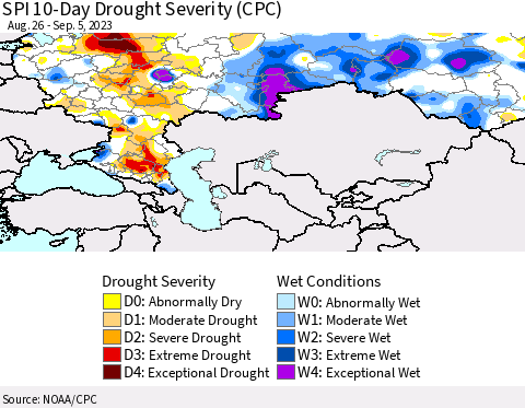 Russian Federation SPI 10-Day Drought Severity (CPC) Thematic Map For 8/26/2023 - 9/5/2023