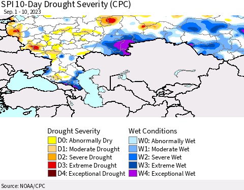 Russian Federation SPI 10-Day Drought Severity (CPC) Thematic Map For 9/1/2023 - 9/10/2023