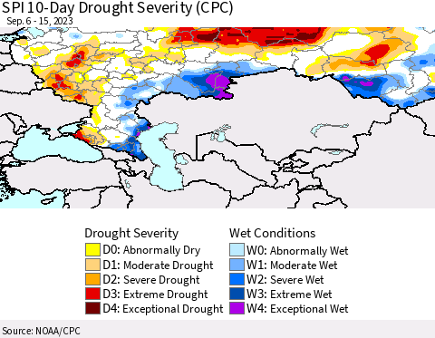 Russian Federation SPI 10-Day Drought Severity (CPC) Thematic Map For 9/6/2023 - 9/15/2023