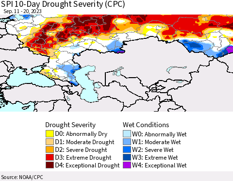 Russian Federation SPI 10-Day Drought Severity (CPC) Thematic Map For 9/11/2023 - 9/20/2023
