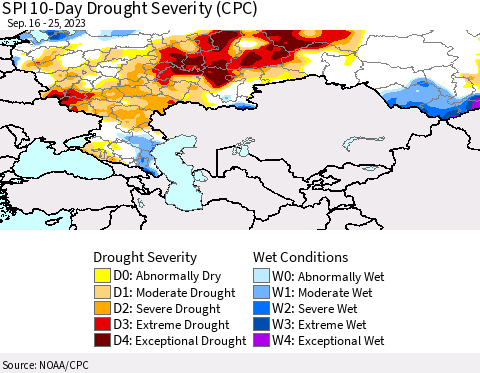 Russian Federation SPI 10-Day Drought Severity (CPC) Thematic Map For 9/16/2023 - 9/25/2023