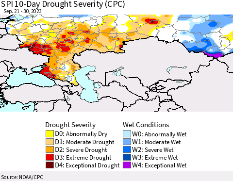 Russian Federation SPI 10-Day Drought Severity (CPC) Thematic Map For 9/21/2023 - 9/30/2023