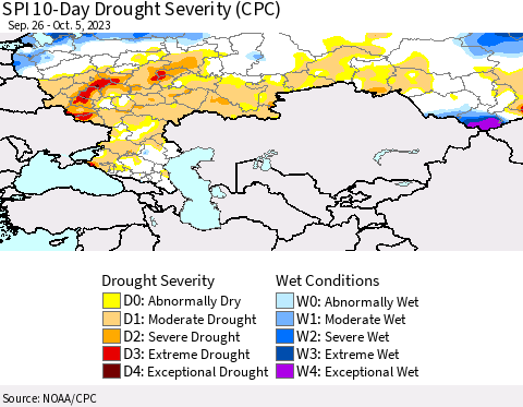 Russian Federation SPI 10-Day Drought Severity (CPC) Thematic Map For 9/26/2023 - 10/5/2023