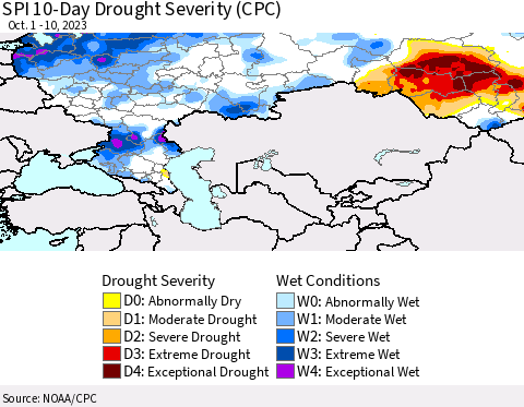 Russian Federation SPI 10-Day Drought Severity (CPC) Thematic Map For 10/1/2023 - 10/10/2023