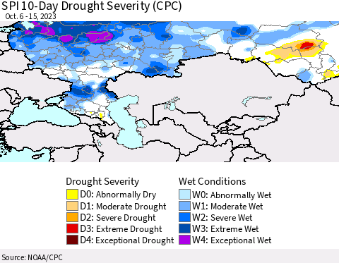 Russian Federation SPI 10-Day Drought Severity (CPC) Thematic Map For 10/6/2023 - 10/15/2023