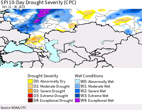 Russian Federation SPI 10-Day Drought Severity (CPC) Thematic Map For 10/11/2023 - 10/20/2023