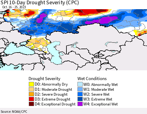 Russian Federation SPI 10-Day Drought Severity (CPC) Thematic Map For 10/16/2023 - 10/25/2023