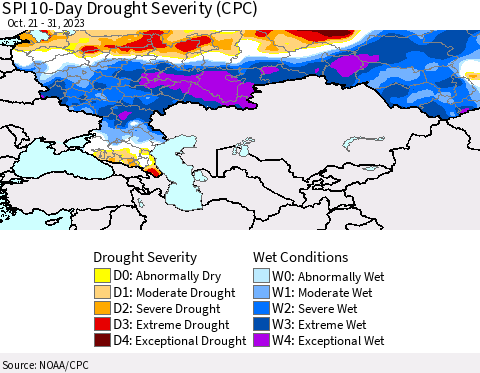 Russian Federation SPI 10-Day Drought Severity (CPC) Thematic Map For 10/21/2023 - 10/31/2023