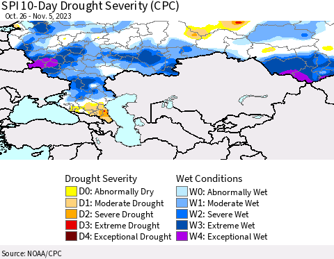 Russian Federation SPI 10-Day Drought Severity (CPC) Thematic Map For 10/26/2023 - 11/5/2023