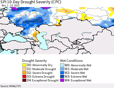 Russian Federation SPI 10-Day Drought Severity (CPC) Thematic Map For 11/1/2023 - 11/10/2023