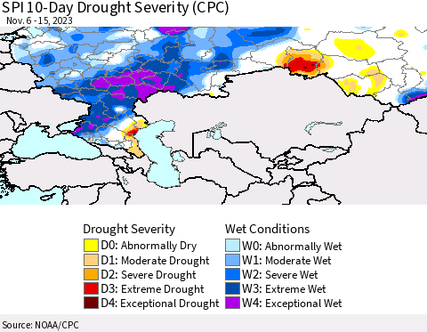 Russian Federation SPI 10-Day Drought Severity (CPC) Thematic Map For 11/6/2023 - 11/15/2023