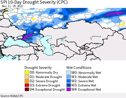 Russian Federation SPI 10-Day Drought Severity (CPC) Thematic Map For 11/11/2023 - 11/20/2023
