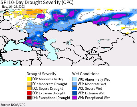 Russian Federation SPI 10-Day Drought Severity (CPC) Thematic Map For 11/16/2023 - 11/25/2023