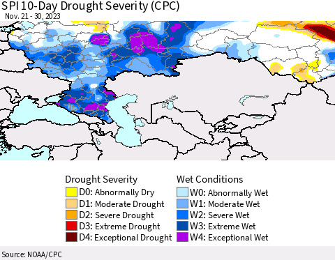 Russian Federation SPI 10-Day Drought Severity (CPC) Thematic Map For 11/21/2023 - 11/30/2023