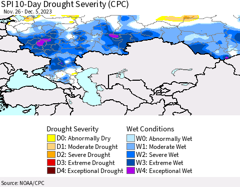 Russian Federation SPI 10-Day Drought Severity (CPC) Thematic Map For 11/26/2023 - 12/5/2023