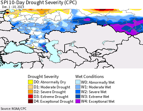 Russian Federation SPI 10-Day Drought Severity (CPC) Thematic Map For 12/1/2023 - 12/10/2023