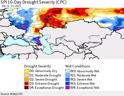 Russian Federation SPI 10-Day Drought Severity (CPC) Thematic Map For 12/6/2023 - 12/15/2023