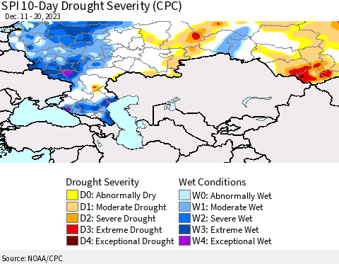 Russian Federation SPI 10-Day Drought Severity (CPC) Thematic Map For 12/11/2023 - 12/20/2023