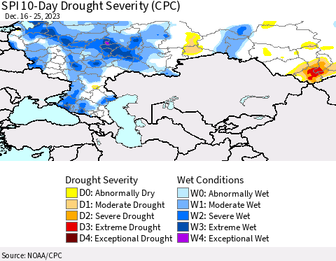 Russian Federation SPI 10-Day Drought Severity (CPC) Thematic Map For 12/16/2023 - 12/25/2023
