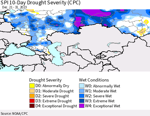 Russian Federation SPI 10-Day Drought Severity (CPC) Thematic Map For 12/21/2023 - 12/31/2023