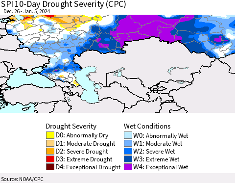 Russian Federation SPI 10-Day Drought Severity (CPC) Thematic Map For 12/26/2023 - 1/5/2024