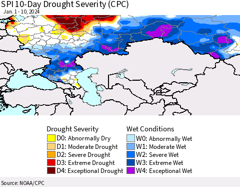 Russian Federation SPI 10-Day Drought Severity (CPC) Thematic Map For 1/1/2024 - 1/10/2024