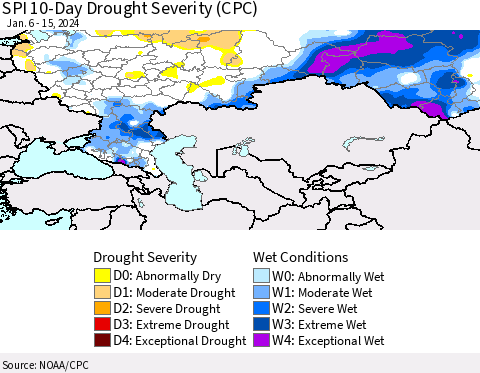 Russian Federation SPI 10-Day Drought Severity (CPC) Thematic Map For 1/6/2024 - 1/15/2024