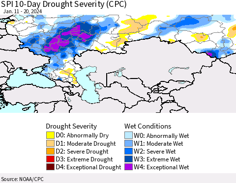 Russian Federation SPI 10-Day Drought Severity (CPC) Thematic Map For 1/11/2024 - 1/20/2024