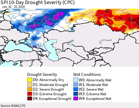 Russian Federation SPI 10-Day Drought Severity (CPC) Thematic Map For 1/16/2024 - 1/25/2024