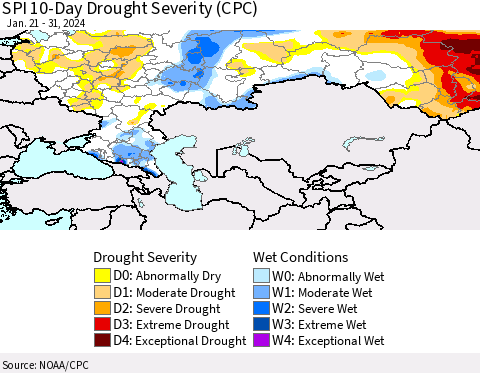 Russian Federation SPI 10-Day Drought Severity (CPC) Thematic Map For 1/21/2024 - 1/31/2024