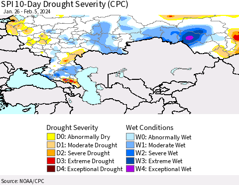 Russian Federation SPI 10-Day Drought Severity (CPC) Thematic Map For 1/26/2024 - 2/5/2024
