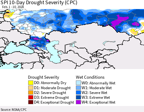 Russian Federation SPI 10-Day Drought Severity (CPC) Thematic Map For 2/1/2024 - 2/10/2024