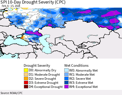 Russian Federation SPI 10-Day Drought Severity (CPC) Thematic Map For 2/6/2024 - 2/15/2024