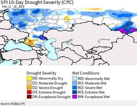 Russian Federation SPI 10-Day Drought Severity (CPC) Thematic Map For 2/11/2024 - 2/20/2024