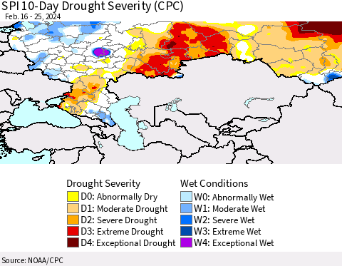 Russian Federation SPI 10-Day Drought Severity (CPC) Thematic Map For 2/16/2024 - 2/25/2024