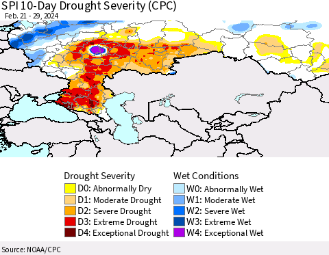 Russian Federation SPI 10-Day Drought Severity (CPC) Thematic Map For 2/21/2024 - 2/29/2024