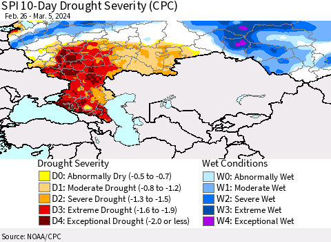 Russian Federation SPI 10-Day Drought Severity (CPC) Thematic Map For 2/26/2024 - 3/5/2024