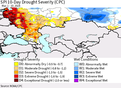Russian Federation SPI 10-Day Drought Severity (CPC) Thematic Map For 3/1/2024 - 3/10/2024