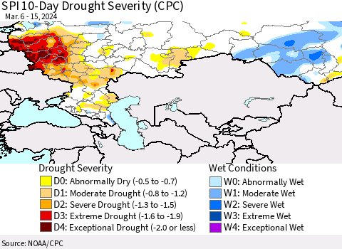 Russian Federation SPI 10-Day Drought Severity (CPC) Thematic Map For 3/6/2024 - 3/15/2024