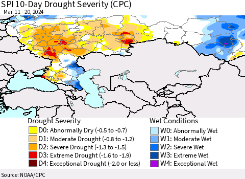 Russian Federation SPI 10-Day Drought Severity (CPC) Thematic Map For 3/11/2024 - 3/20/2024