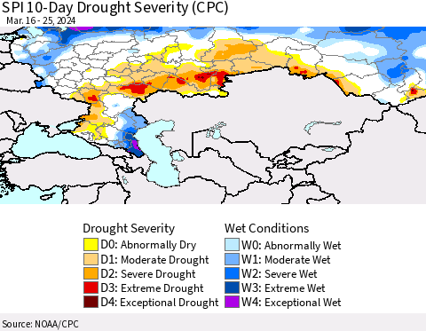 Russian Federation SPI 10-Day Drought Severity (CPC) Thematic Map For 3/16/2024 - 3/25/2024