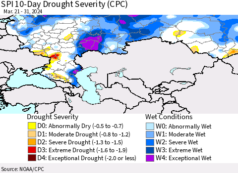 Russian Federation SPI 10-Day Drought Severity (CPC) Thematic Map For 3/21/2024 - 3/31/2024