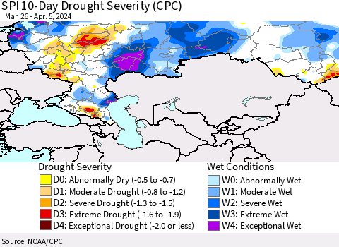 Russian Federation SPI 10-Day Drought Severity (CPC) Thematic Map For 3/26/2024 - 4/5/2024