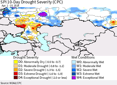 Russian Federation SPI 10-Day Drought Severity (CPC) Thematic Map For 4/1/2024 - 4/10/2024