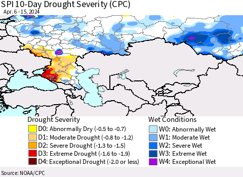 Russian Federation SPI 10-Day Drought Severity (CPC) Thematic Map For 4/6/2024 - 4/15/2024